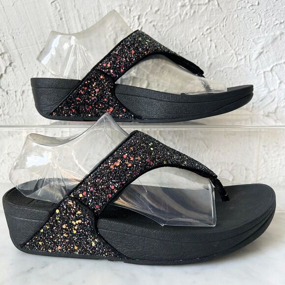 FitFlop Lulu Glitter Toe Post Thong Wedge Heel Sandals Black - Women's Size 7 - Picture 1 of 8